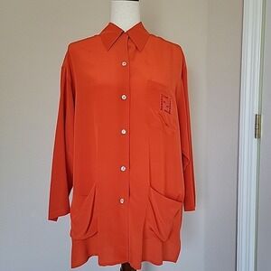 Vtg Findi Silk Button up Blouse Sz M L Point Collar Orange Logo Oversized 80s